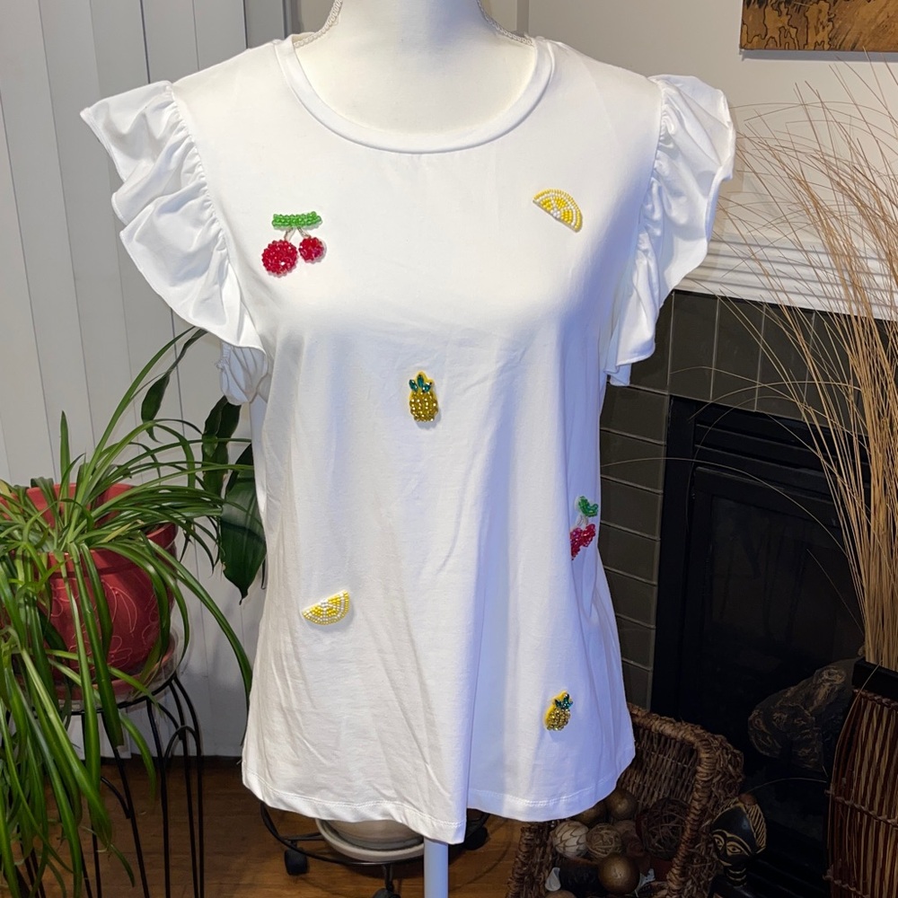 White Ruffle Sleeve Top with Fruit Embroidery